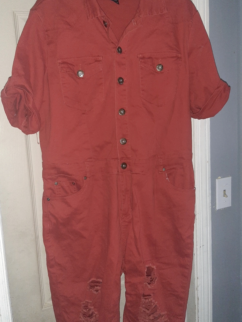 Ashley Stewart Rust Red Denim Distressed Jumpsuit Size 14/ 1X
